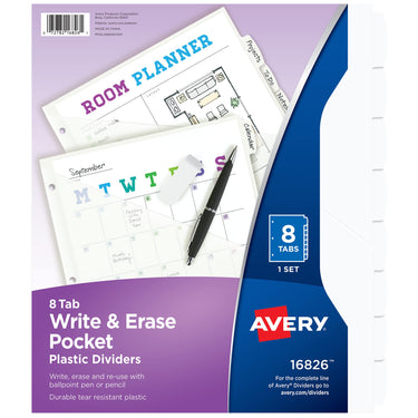 Avery Durable Plastic 8 Tab Write & Erase Dividers for 3 Ring Binders, Slash Pocket, Translucent White, Works with Sheet Protectors, 1 Set (16826) 1 pack